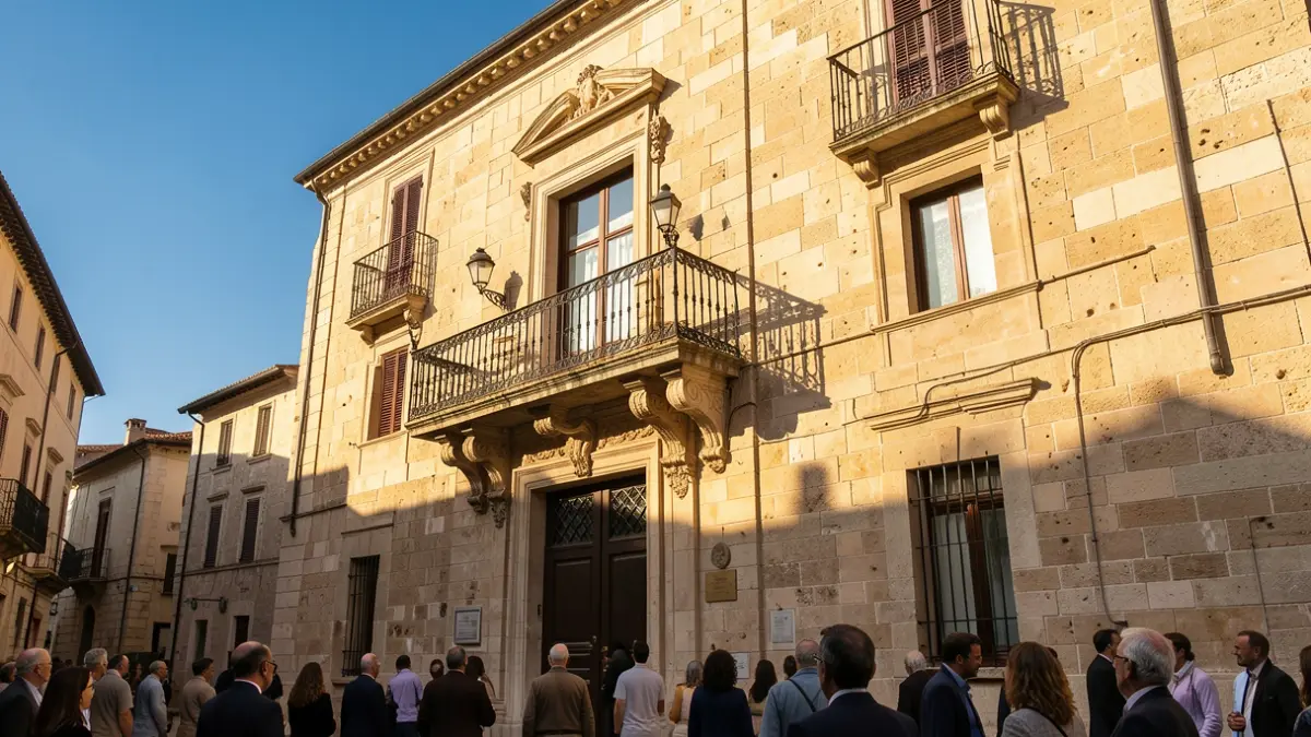 Imagen genérica de la fachada de un ayuntamiento mediterráneo con balcón y barandillas de hierro, luz cálida de la tarde, cielo azul.