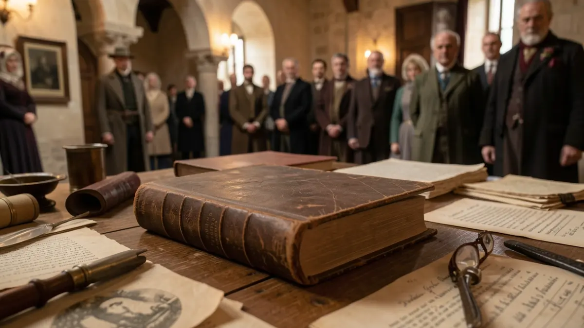 Imagen genérica de documentos históricos y objetos personales sobre una mesa de madera.