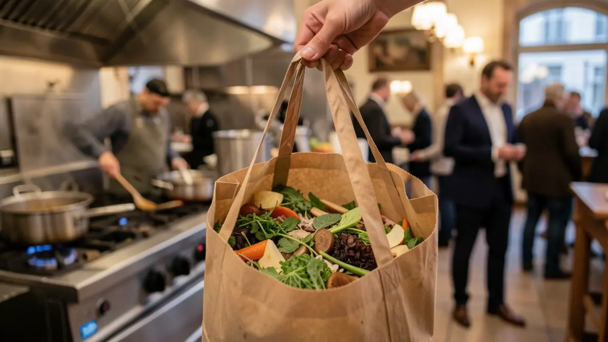 Generic image of hands holding a reusable bag with organic food scraps, with blurred restaurant kitchen equipment in the background.