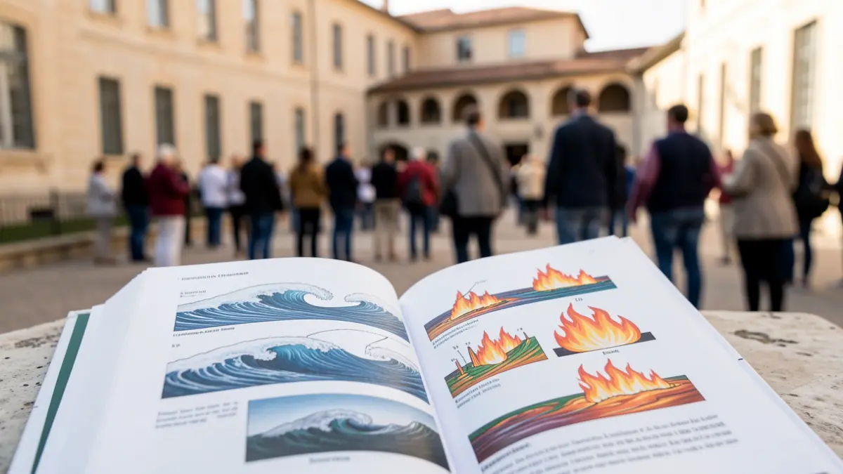 Generic image of an open book displaying graphic representations of natural phenomena, with a Mediterranean university campus in the background.