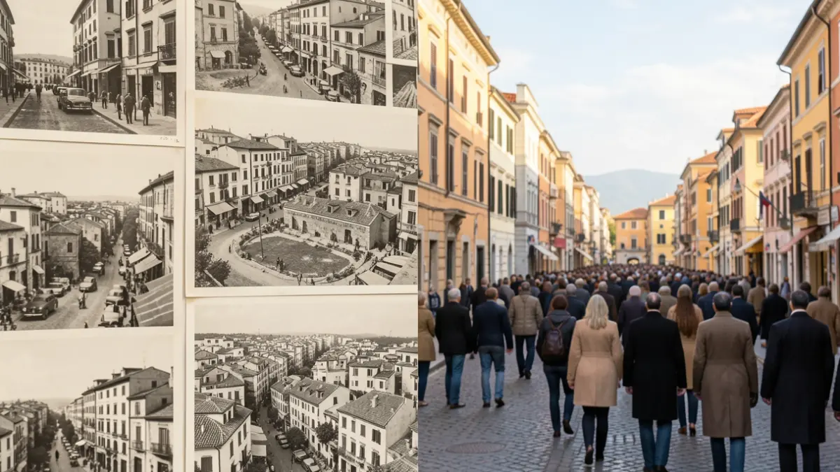 Imatge genèrica de fotografies antigues i modernes que mostren la transformació urbana.