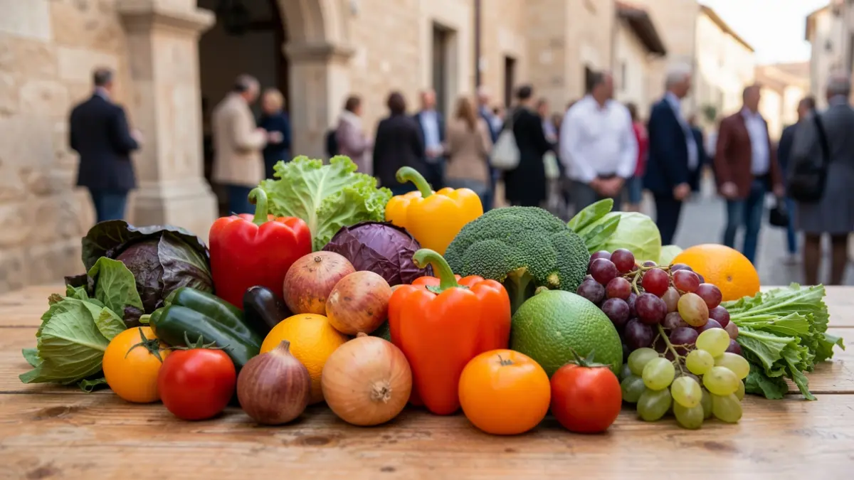 Generic image of fresh vegetables and fruits arranged on a wooden surface, with a blurred Mediterranean architectural element in the background.