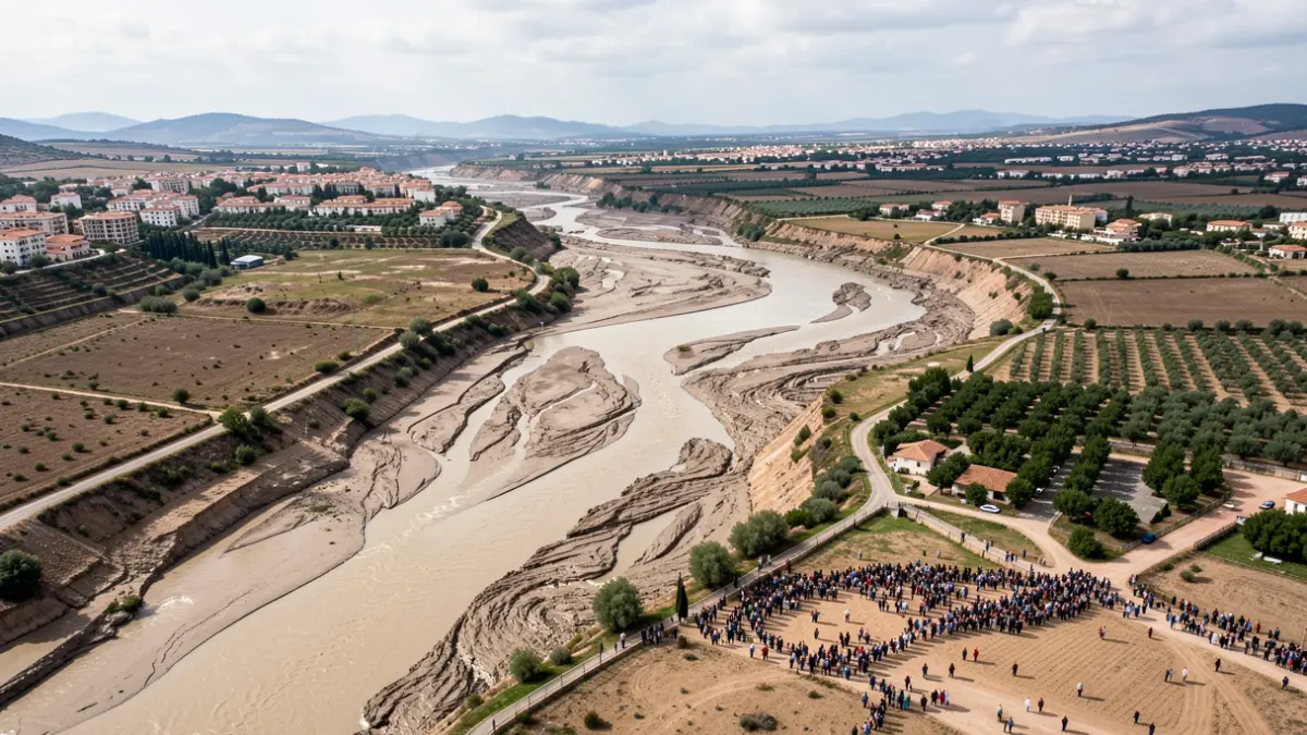 Generic image of a flooded river valley in a Mediterranean landscape with sediment deposits and urban settlements.