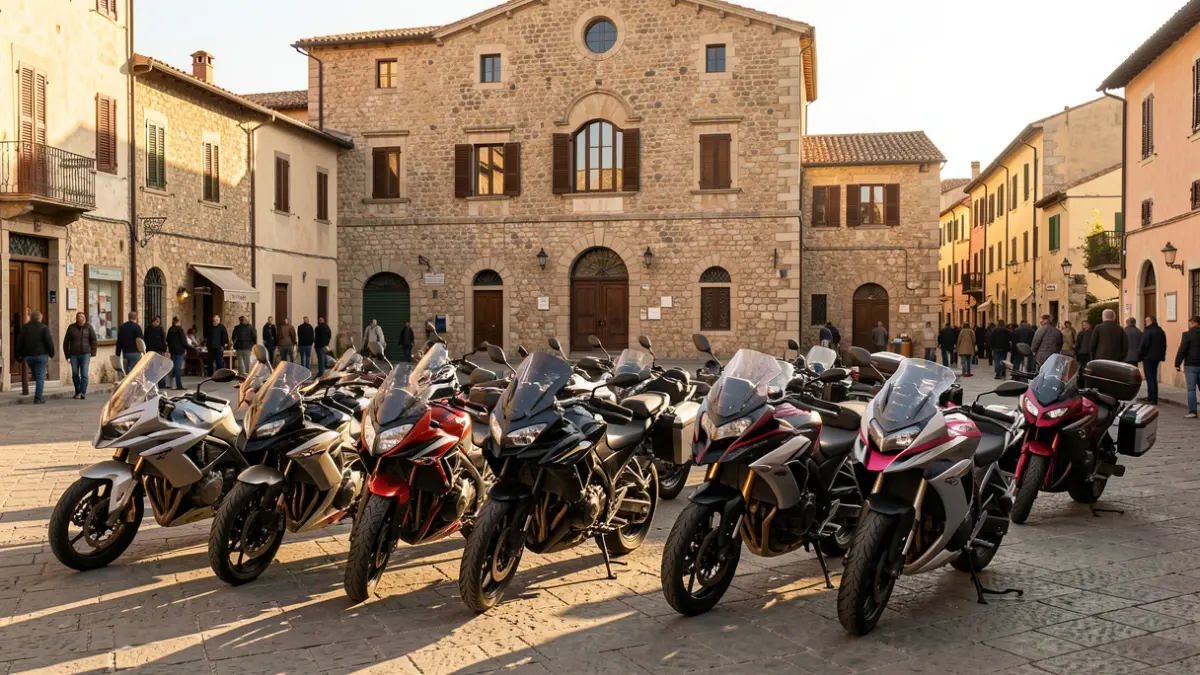 Imatge genèrica de motocicletes aparcades en una plaça de poble mediterrani amb la façana d'un edifici oficial al fons.