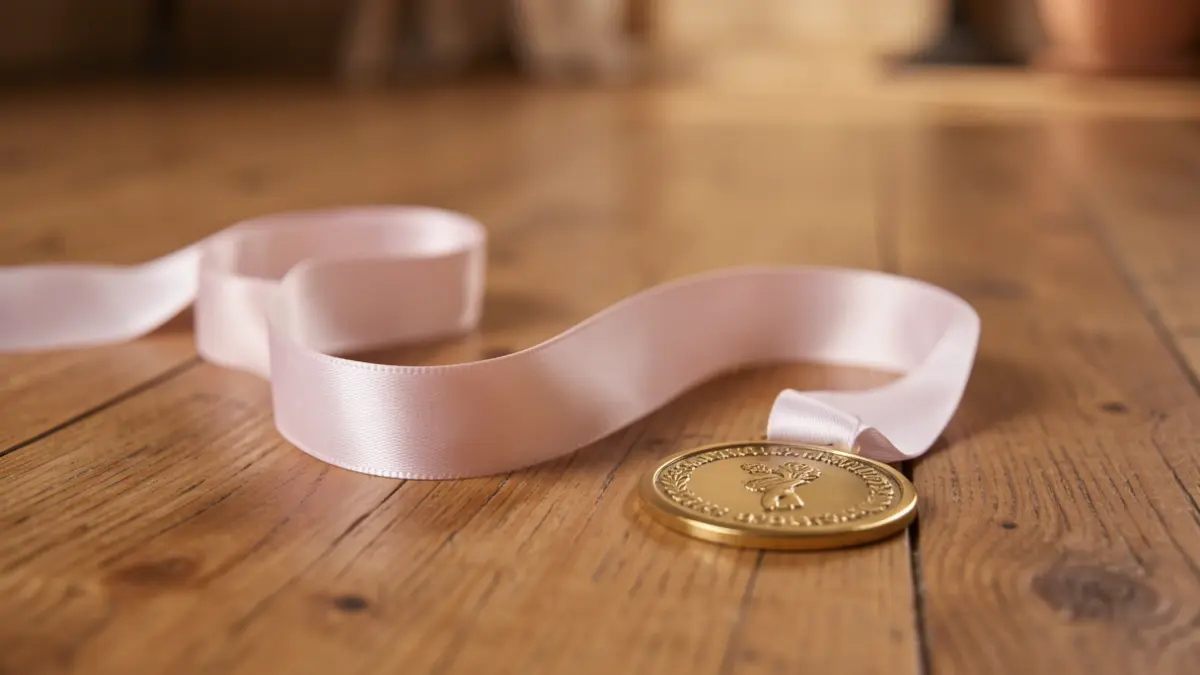 Generic image of gymnastics ribbons and a medal on a wooden floor.