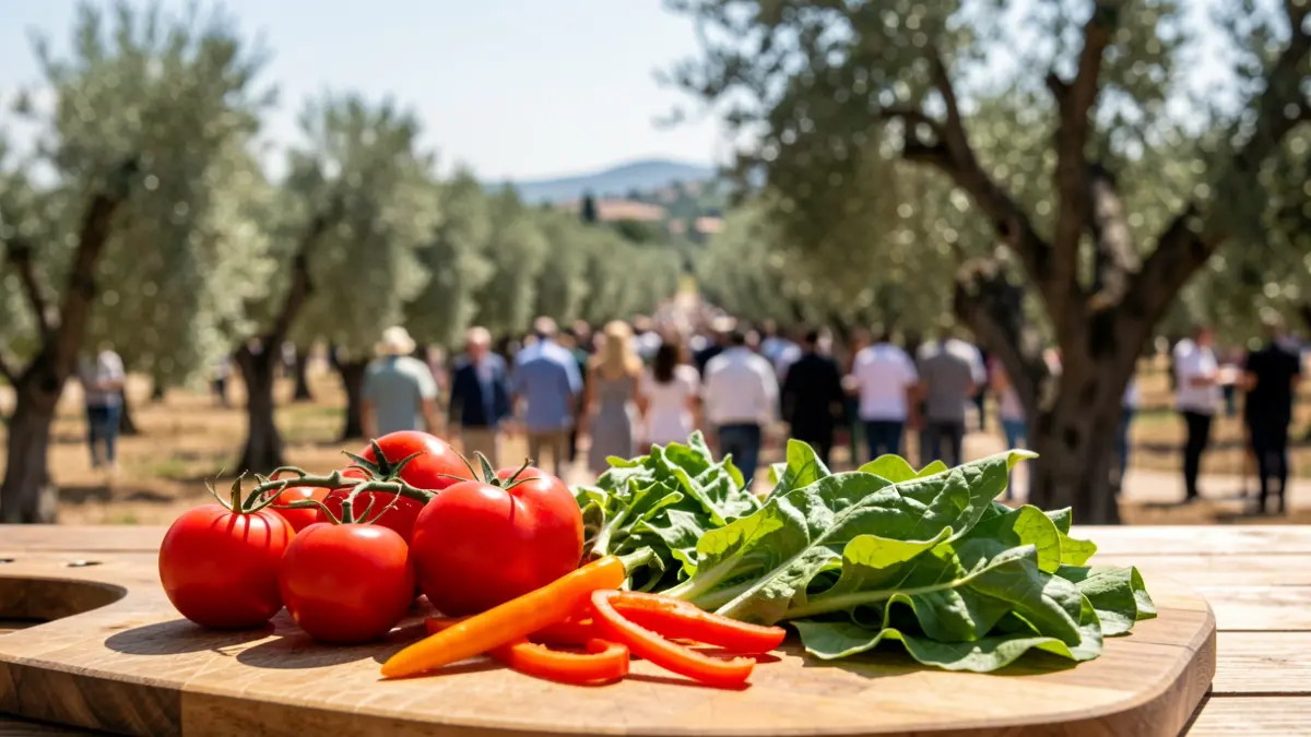 Imagen genérica de verduras frescas sobre una mesa de madera con un paisaje mediterráneo al fondo.