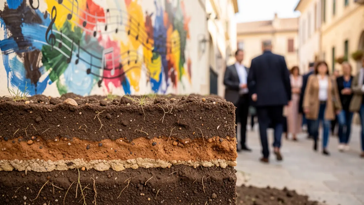 Generic image of soil layers in cross-section, with blurred artistic elements in the background.