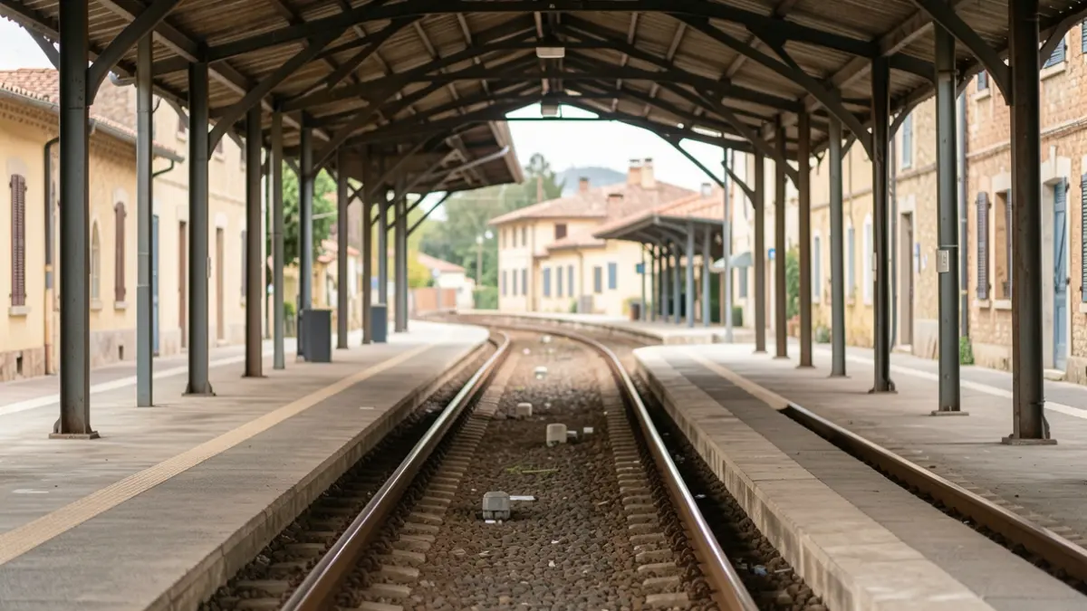 Imagen genérica de un andén de tren vacío con vías que se pierden a lo lejos bajo una marquesina, con luz suave del día y arquitectura mediterránea.