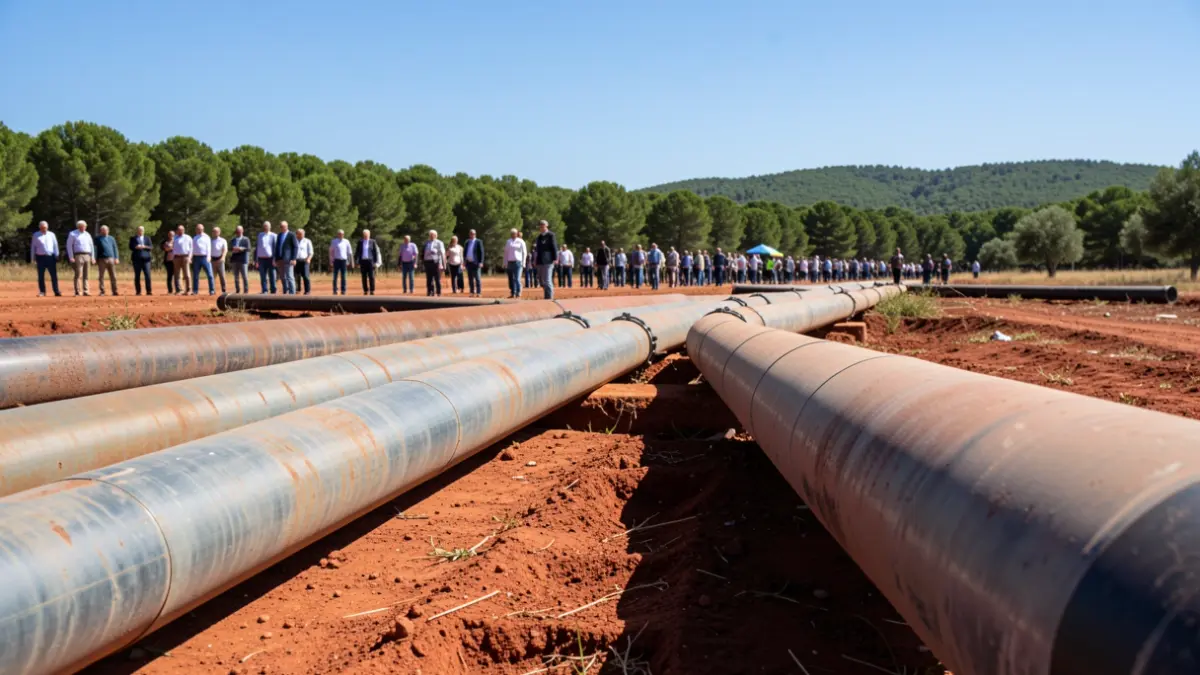 Generic image of a landscape with irrigation pipes on clay soil and forest areas in the background.
