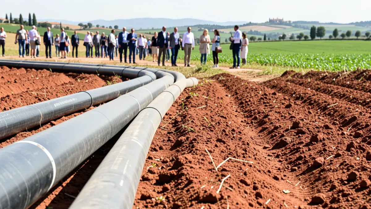 Generic image of irrigation pipes on plowed earth in a Mediterranean landscape.