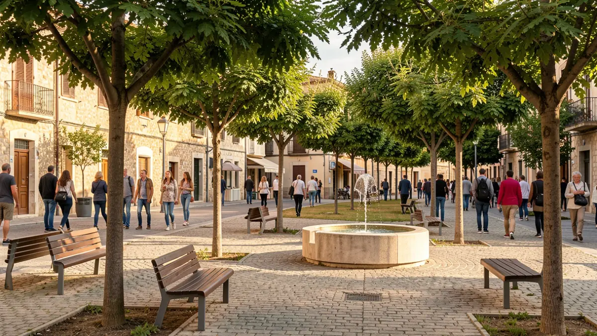 Generic image of an improved park with new trees, urban furniture, and a fountain.