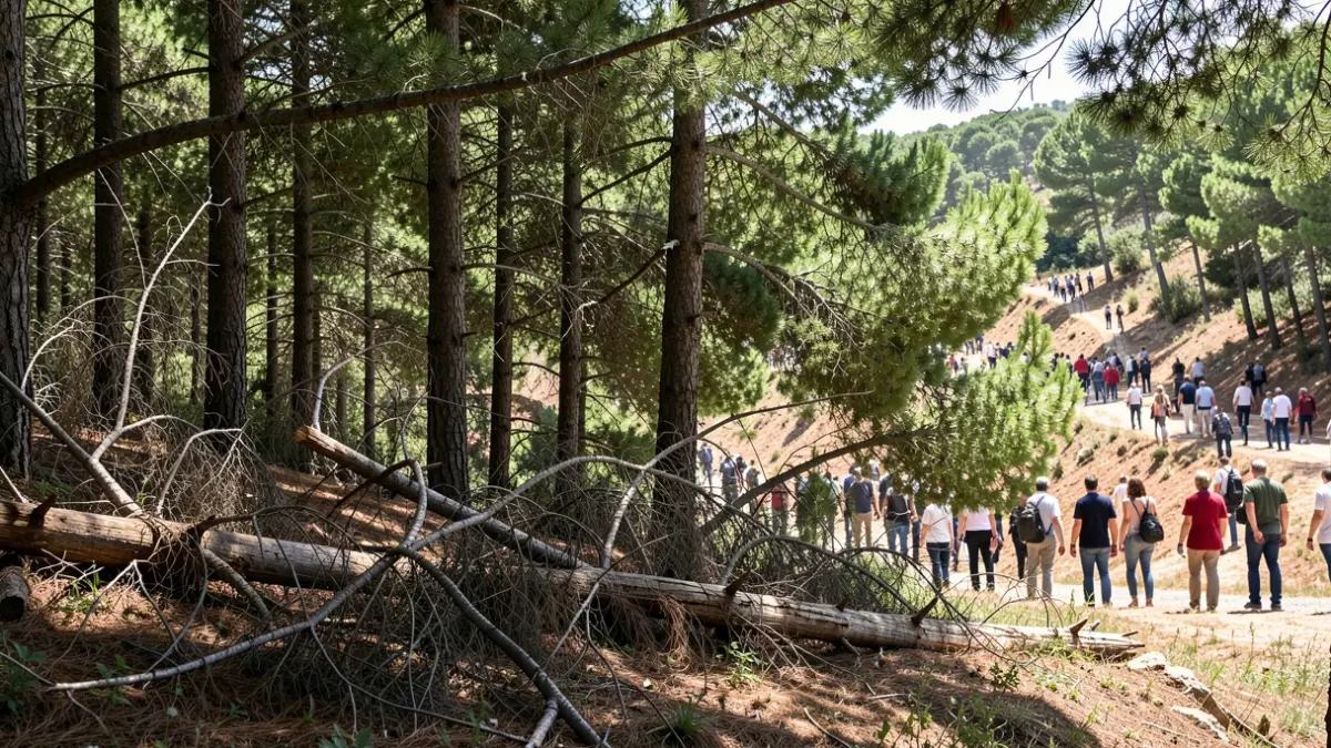 Imatge genèrica d'un bosc de pins amb branques baixes i alguns peus morts, amb llum del sol filtrant-se entre els arbres.