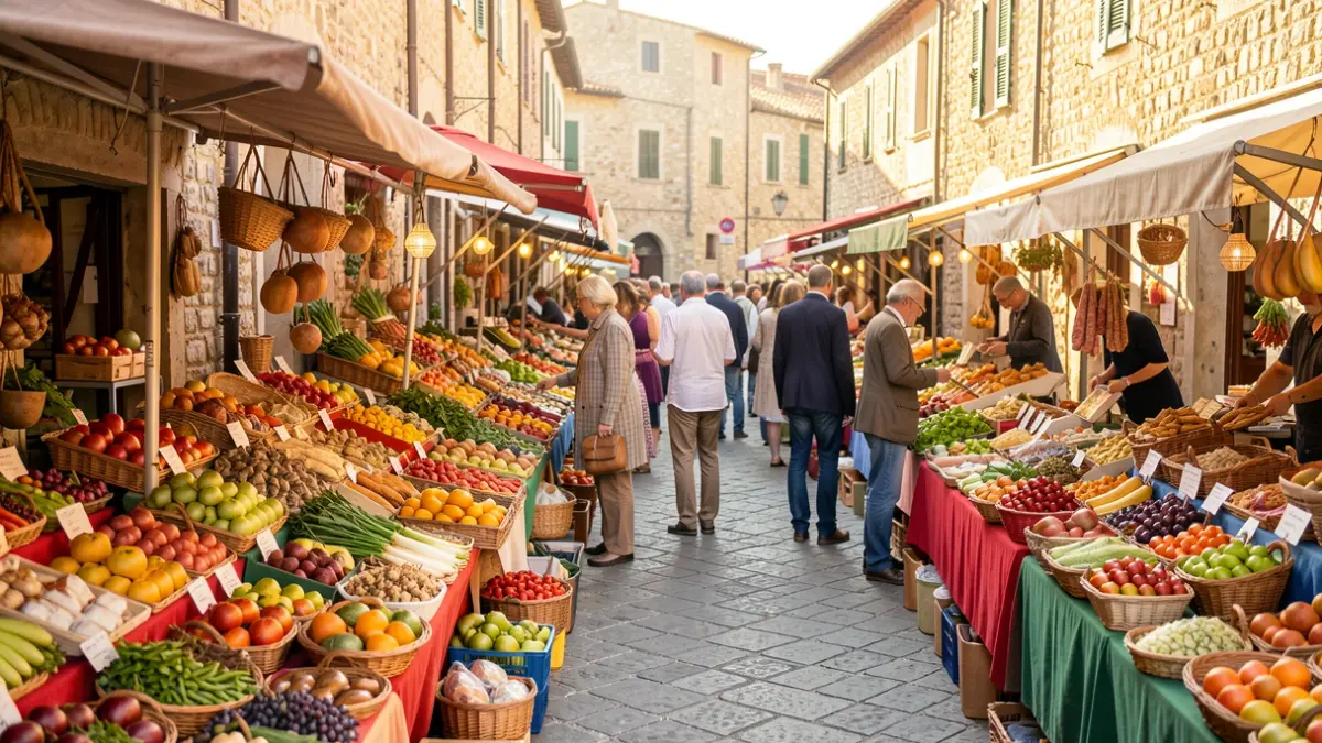 Imatge genèrica d'una fira gastronòmica en una plaça de poble mediterrani, amb parades de productes locals i artesania.