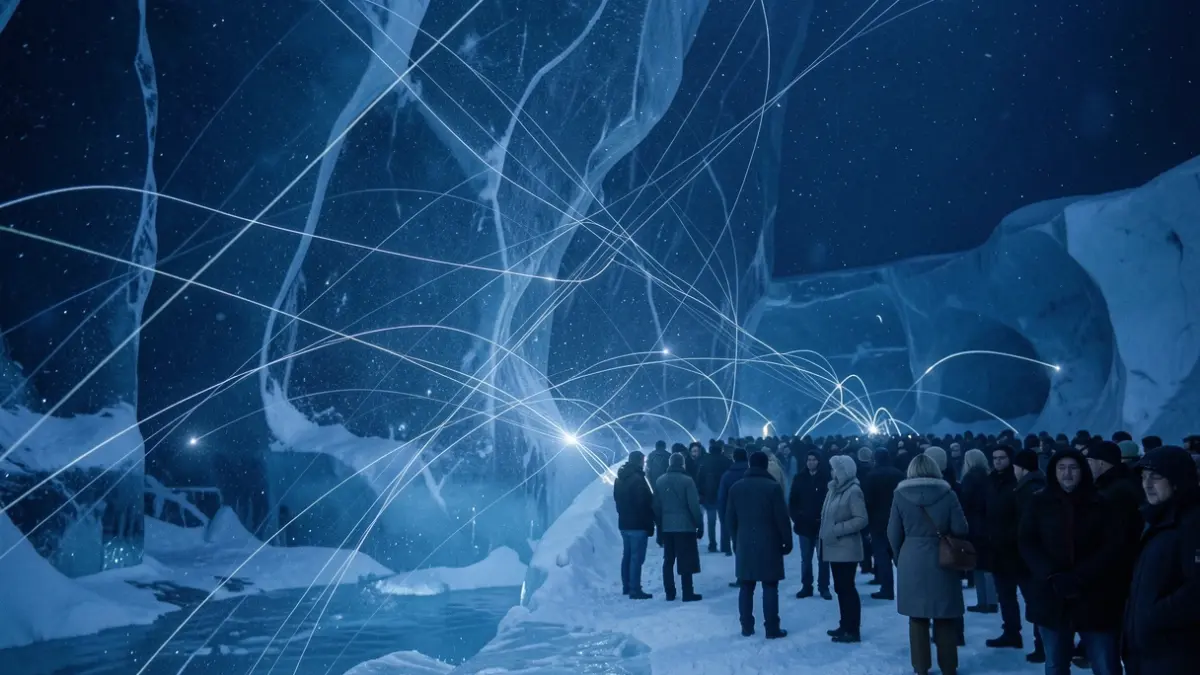 Imatge genèrica de traços de llum subtils en un entorn glacial blau profund, representant partícules còsmiques.