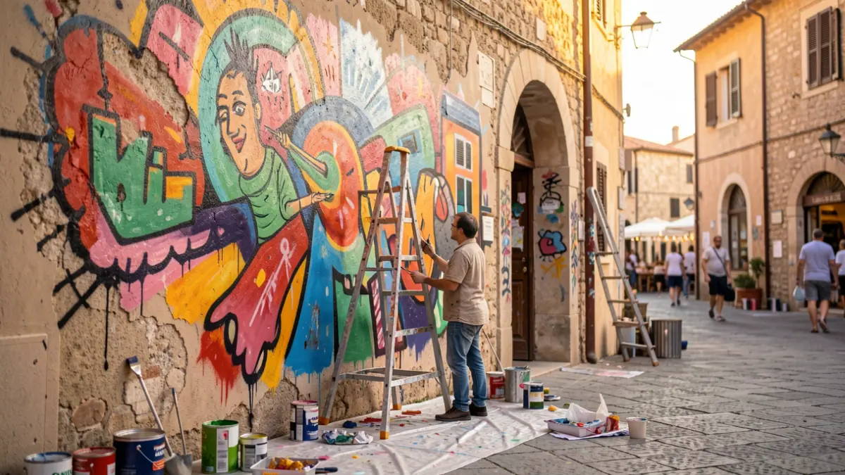 Generic image of an urban mural in progress in a Mediterranean town square.