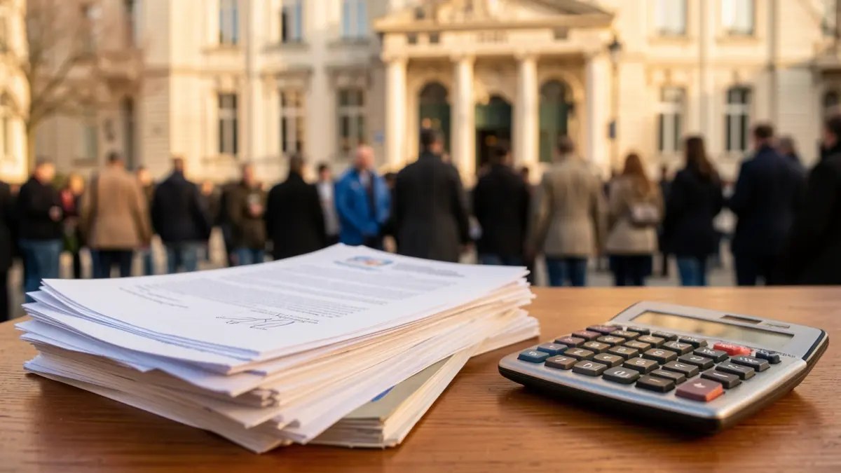 Imatge genèrica de documents oficials i una calculadora sobre una taula, amb la façana d'un edifici municipal al fons.