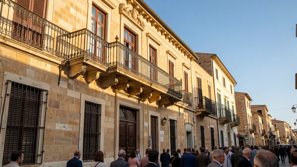 Imagen genérica de un edificio municipal con balcón y barandillas de hierro, iluminado por el sol de la tarde.