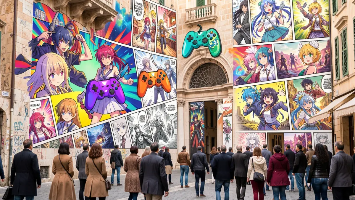 Generic image of geek culture, anime, and manga symbols with Mediterranean architectural elements.