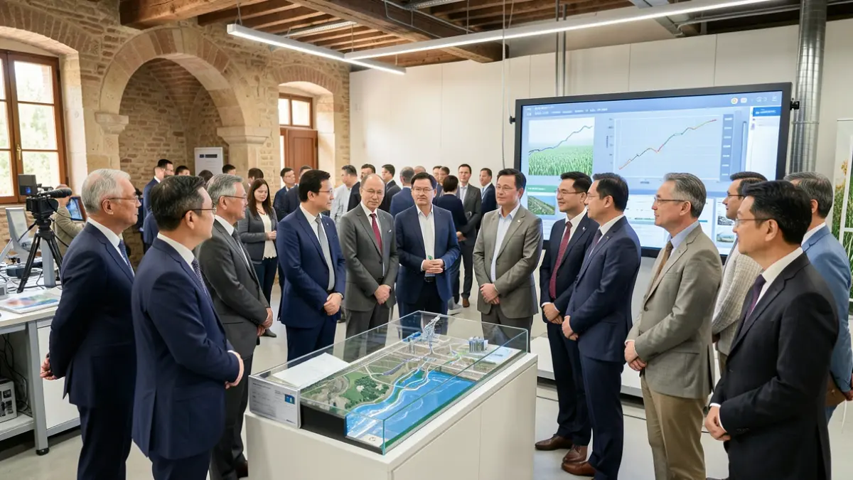 Imagen genérica de una delegación internacional observando datos tecnológicos en un laboratorio.