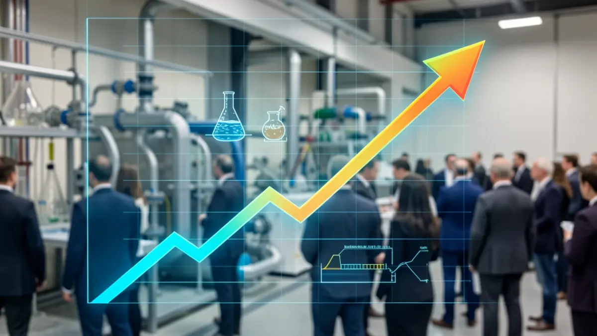Generic image of a digital graph with an upward trend over a blurred background of scientific equipment and water flow diagrams.