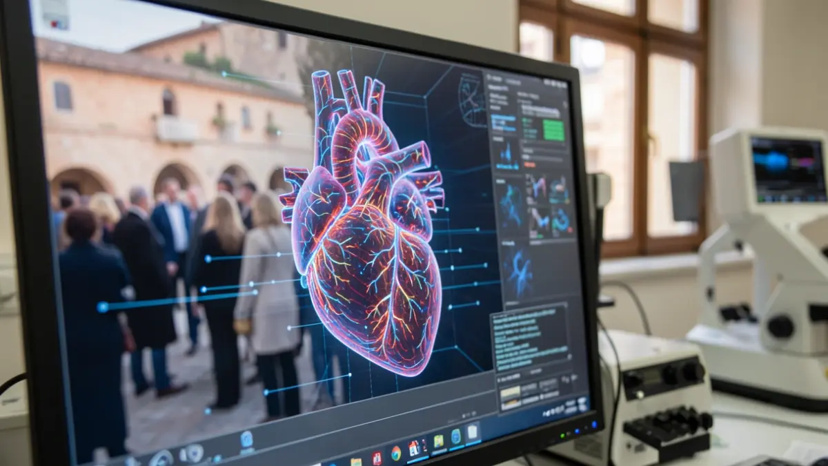 Generic image of a digital heart model on a computer screen, with blurred laboratory equipment in the background.