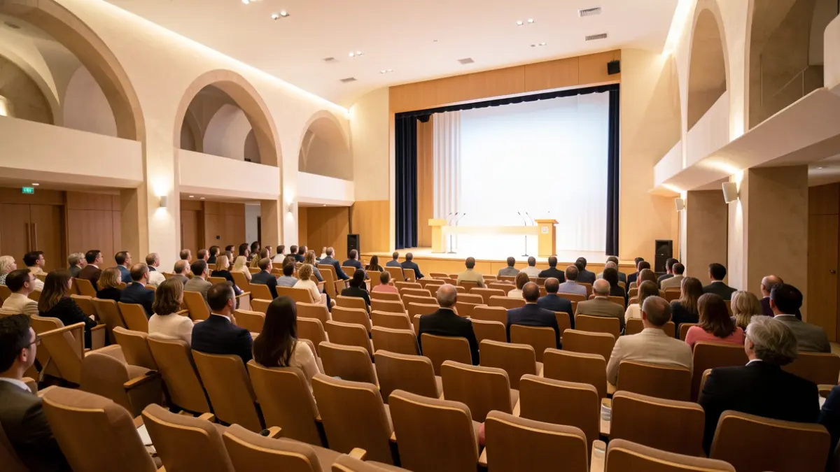 Imatge genèrica d'un auditori modern amb seients buits i un escenari.