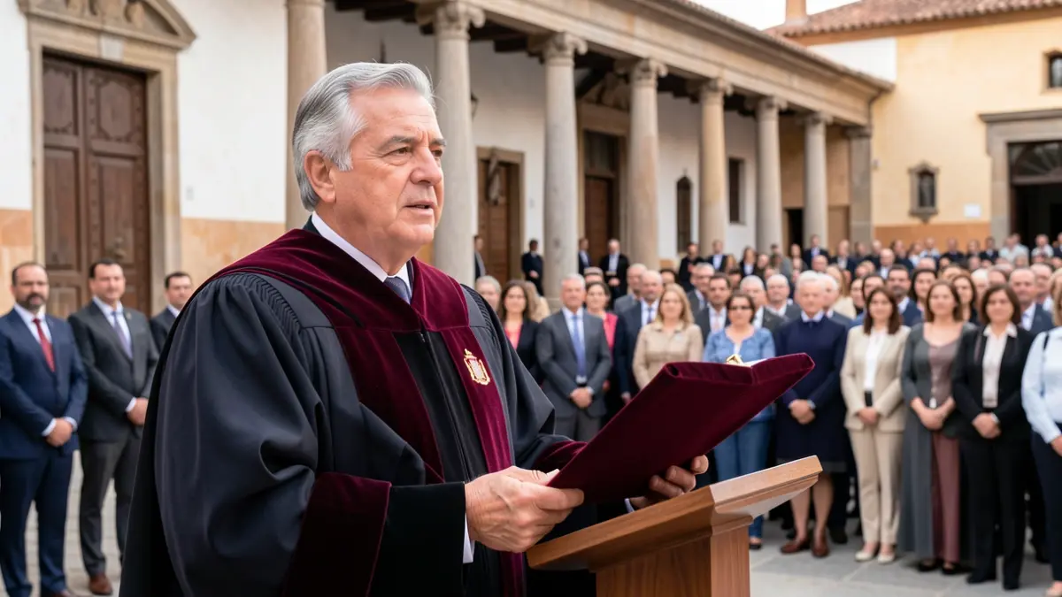 Imagen genérica de un profesor recibiendo un galardón académico en una ceremonia, con elementos arquitectónicos mediterráneos.