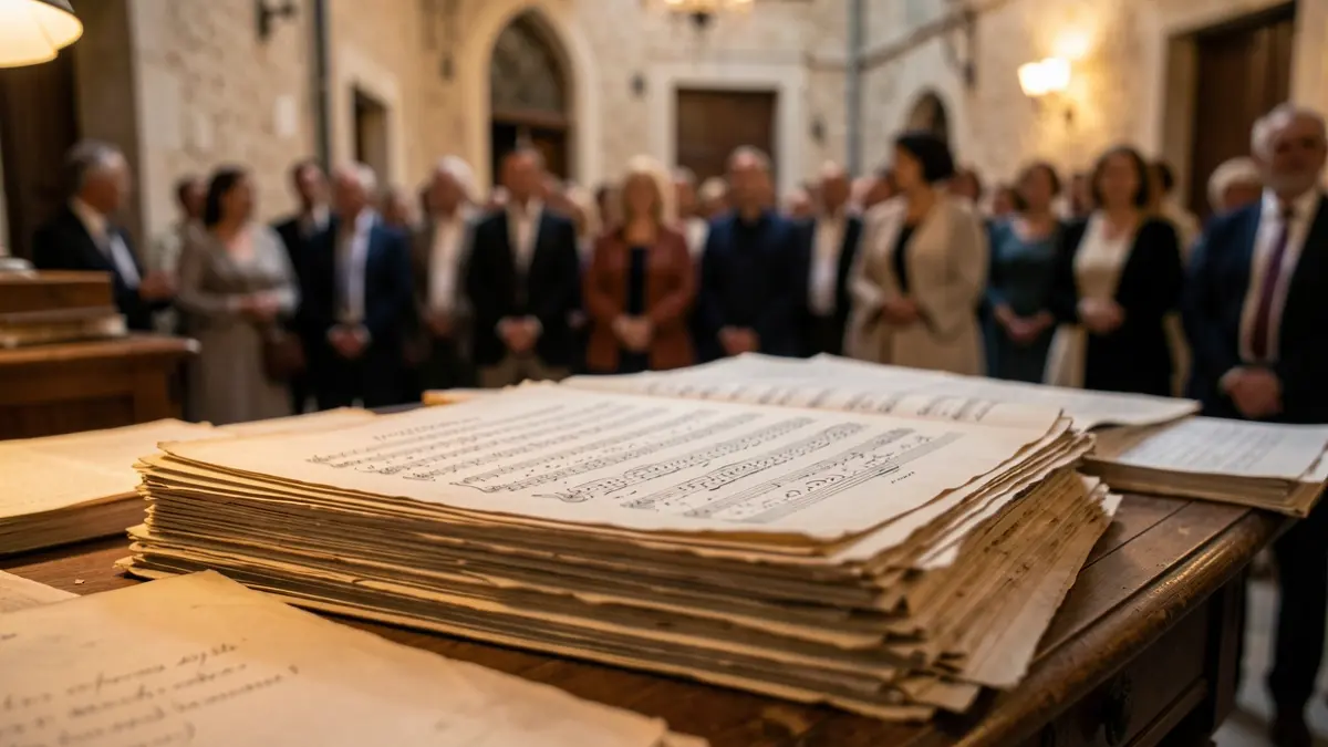 Generic image of old musical scores and manuscripts on a wooden desk.