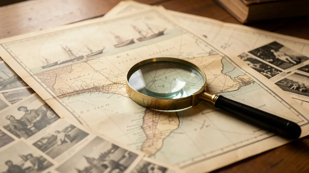 Generic image of historical maritime documents, old blueprints, and photographs on a wooden table.