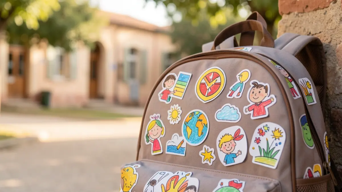 Generic image of a child's backpack with drawings, against a blurred school background.