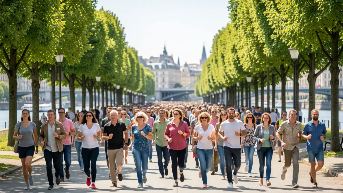 Generic image of runners on an urban promenade with buildings in the background.