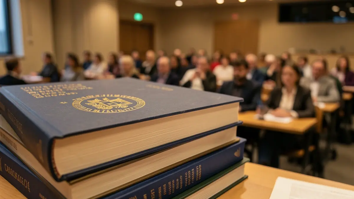 Imagen genérica de libros académicos y un emblema universitario con un fondo difuminado de una sala de conferencias moderna.