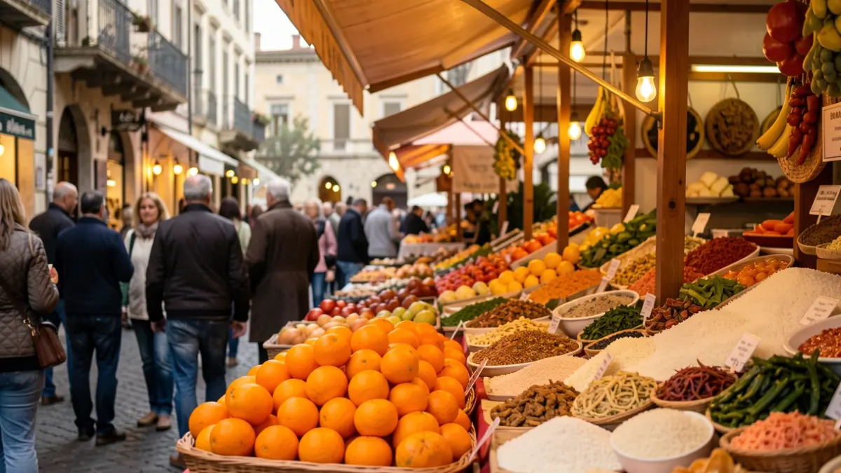 Imagen genérica de un stand gastronómico en una feria, con productos locales y gente al fondo.
