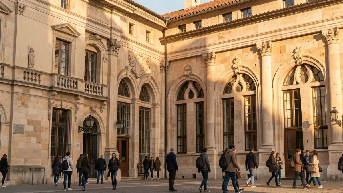 Imatge genèrica d'una façana universitària amb elements arquitectònics mediterranis i llum d'estiu.