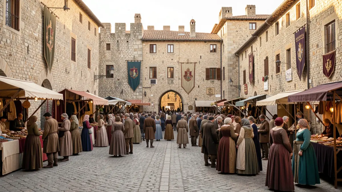 Generic image of a walled medieval square with stalls and people in period costumes, under the afternoon sunlight.
