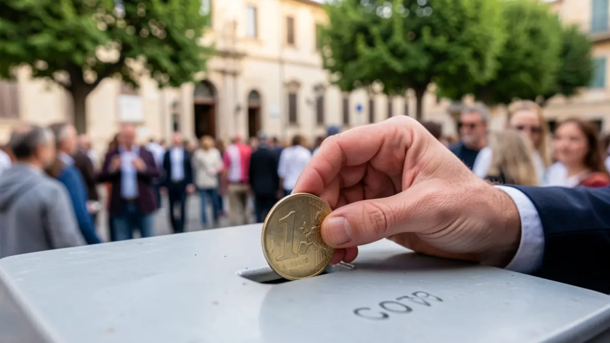 Imagen genérica de una donación económica con un fondo arquitectónico mediterráneo.