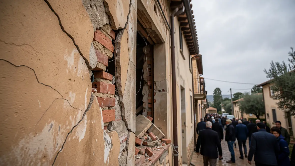 Imatge genèrica de la façana d'una casa danyada per una tempesta, amb runes i murs esquerdats.
