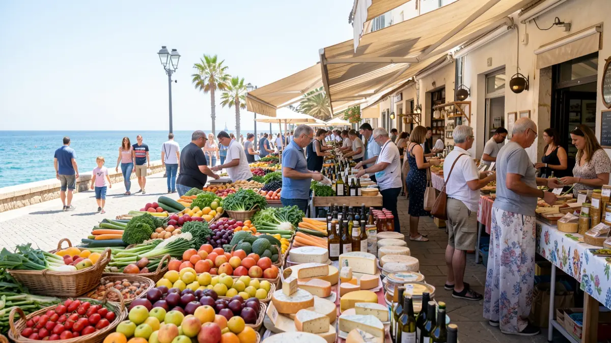 Imagen genérica de una feria ecológica en la costa mediterránea, con puestos de productos frescos y gente disfrutando de la jornada.