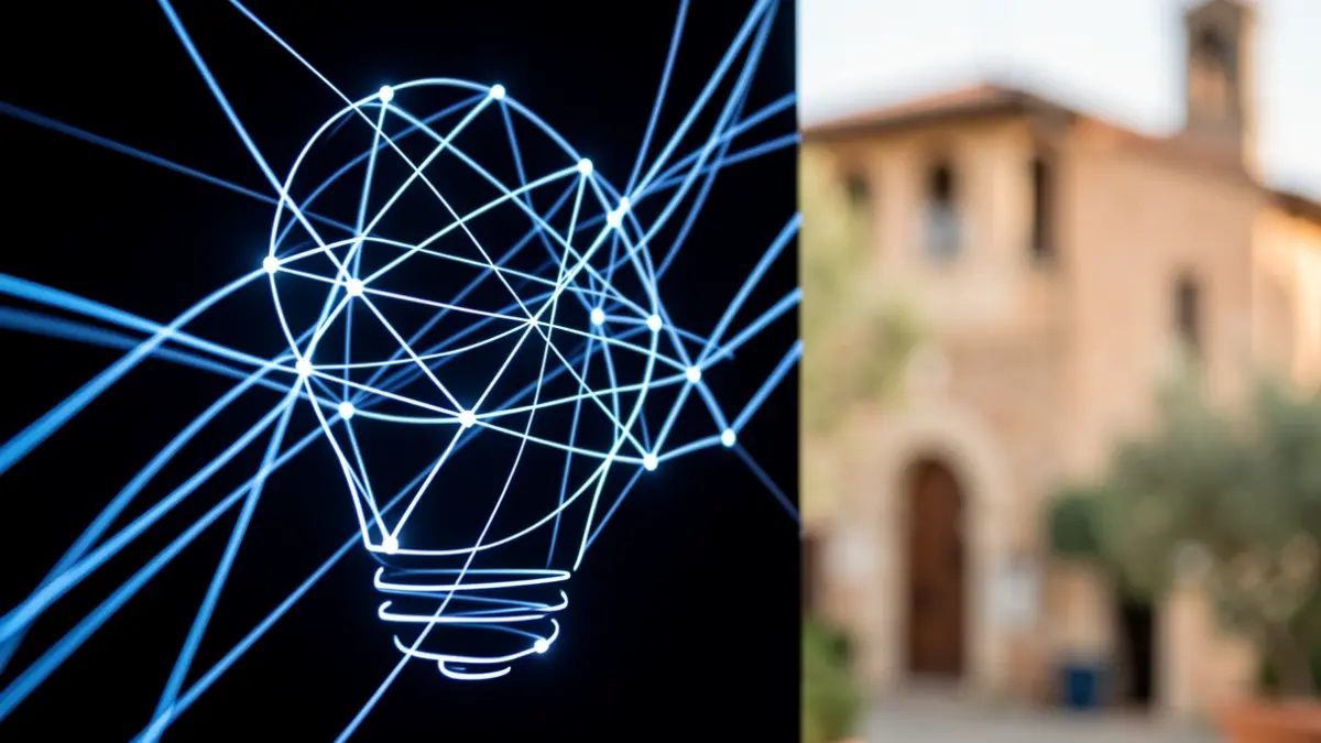 Generic image of a startup idea represented by glowing lines and nodes on a dark background, with a subtle hint of Mediterranean architecture in the distant blurred background.
