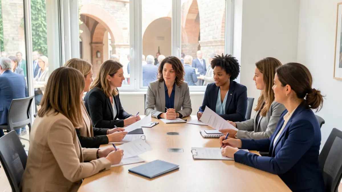Generic image of women gathered in a meeting room with Mediterranean architecture.