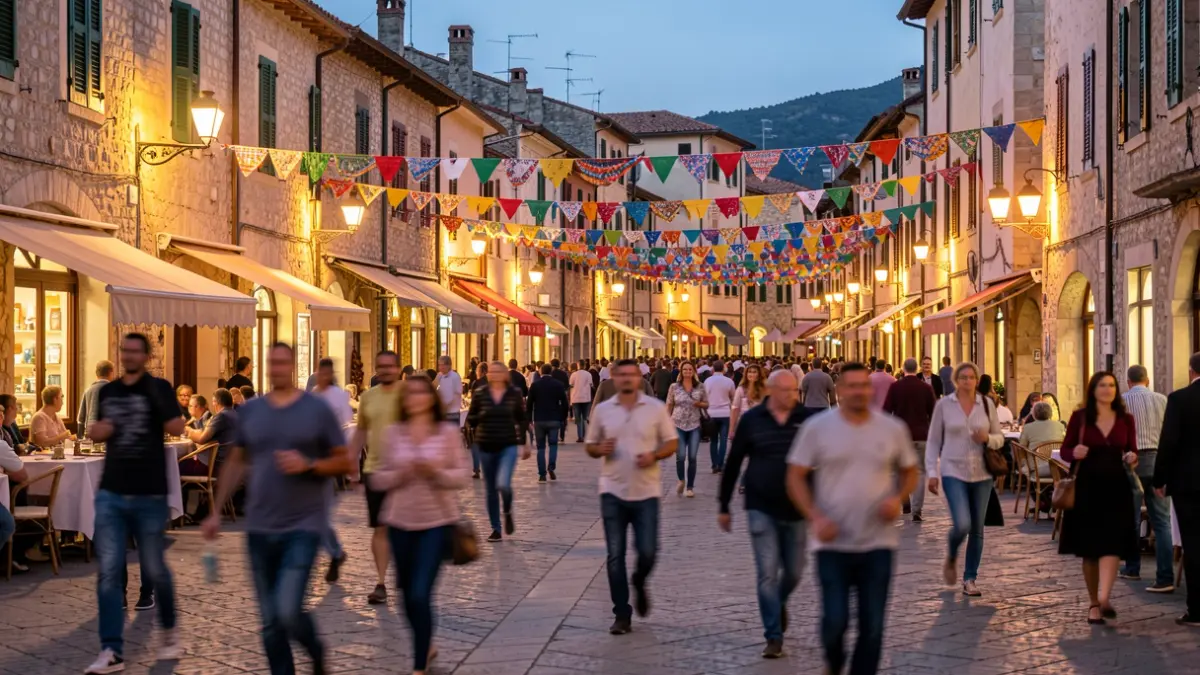 Imatge genèrica d'una plaça mediterrània al capvespre amb corredors i decoracions festives.