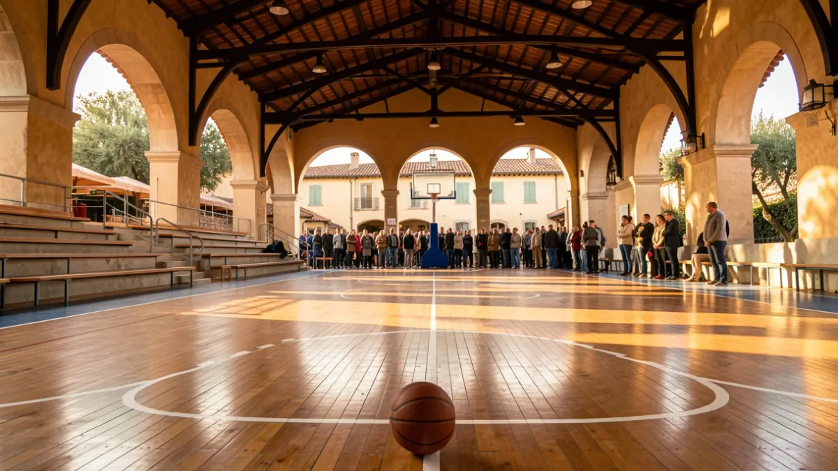 Imagen genérica de una pista deportiva cubierta con elementos arquitectónicos mediterráneos y luz solar.