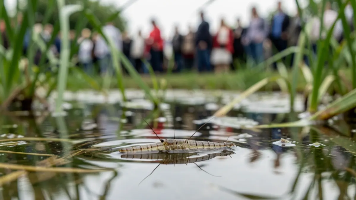 Generic image of a mosquito larva in stagnant water, with blurred vegetation in the background.