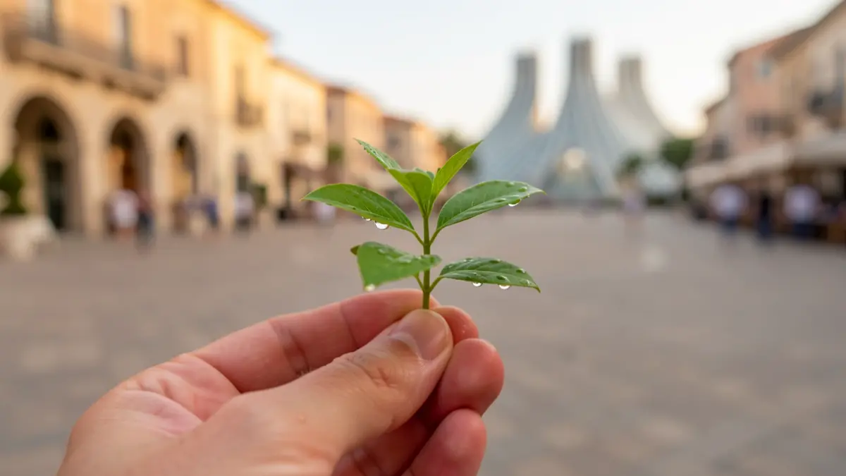 Imatge genèrica d'una mà sostenint una planta jove amb gotes d'aigua.