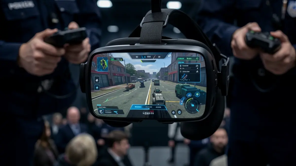 Generic image of a virtual reality headset displaying a tactical simulation interface.