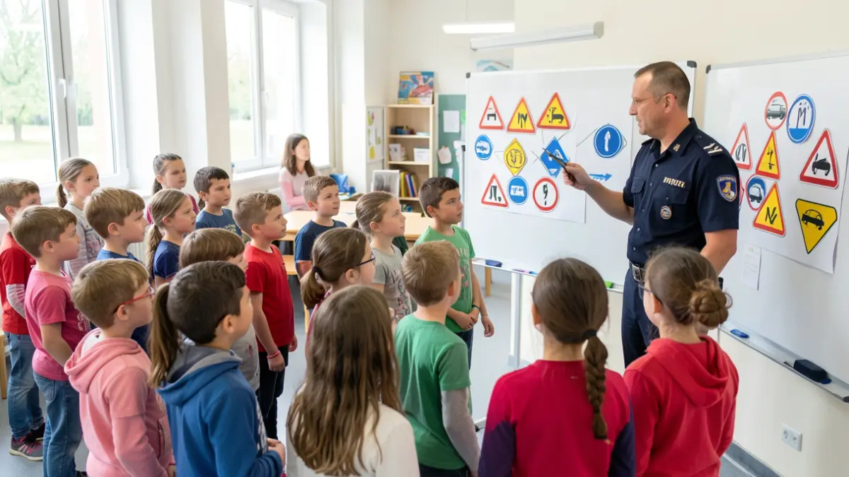 Imagen genérica de un agente de policía explicando señales de tráfico a un grupo de escolares en un aula.
