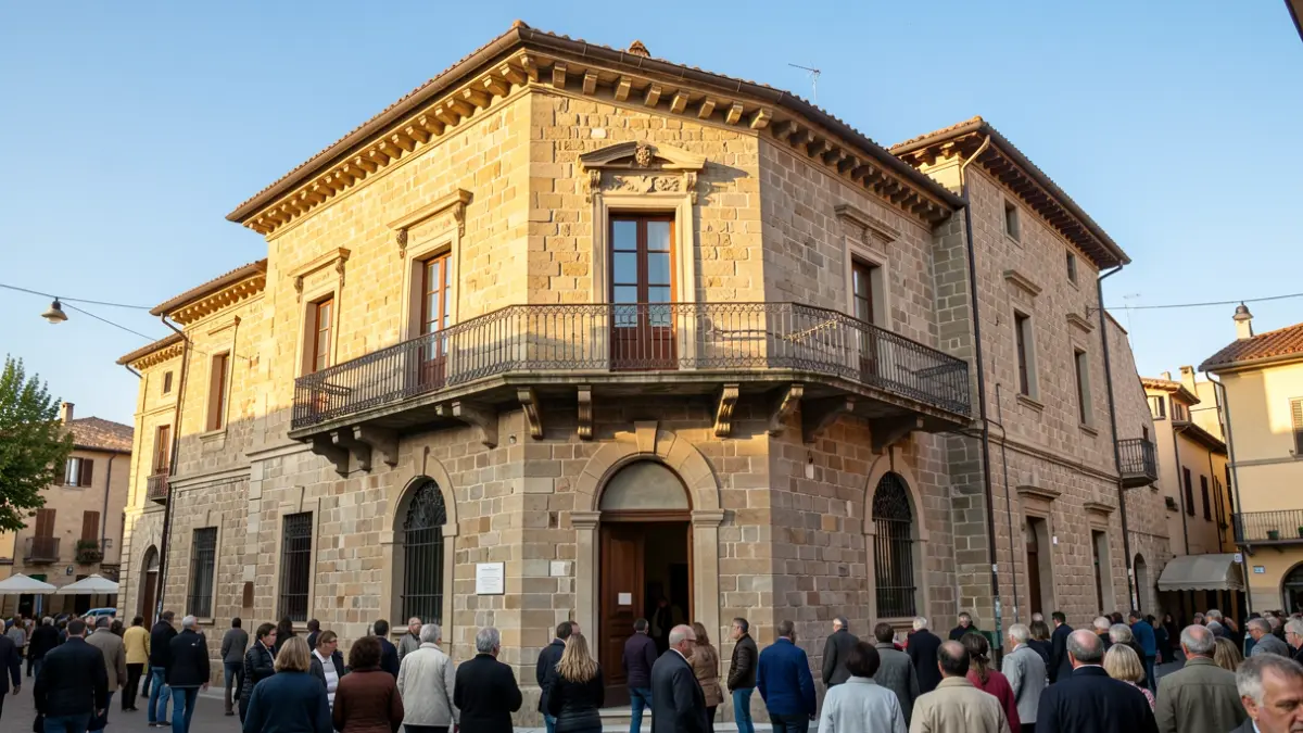 Imatge genèrica d'un edifici d'estil mediterrani amb balcó i baranes de ferro, il·luminat per la llum càlida de la vesprada.