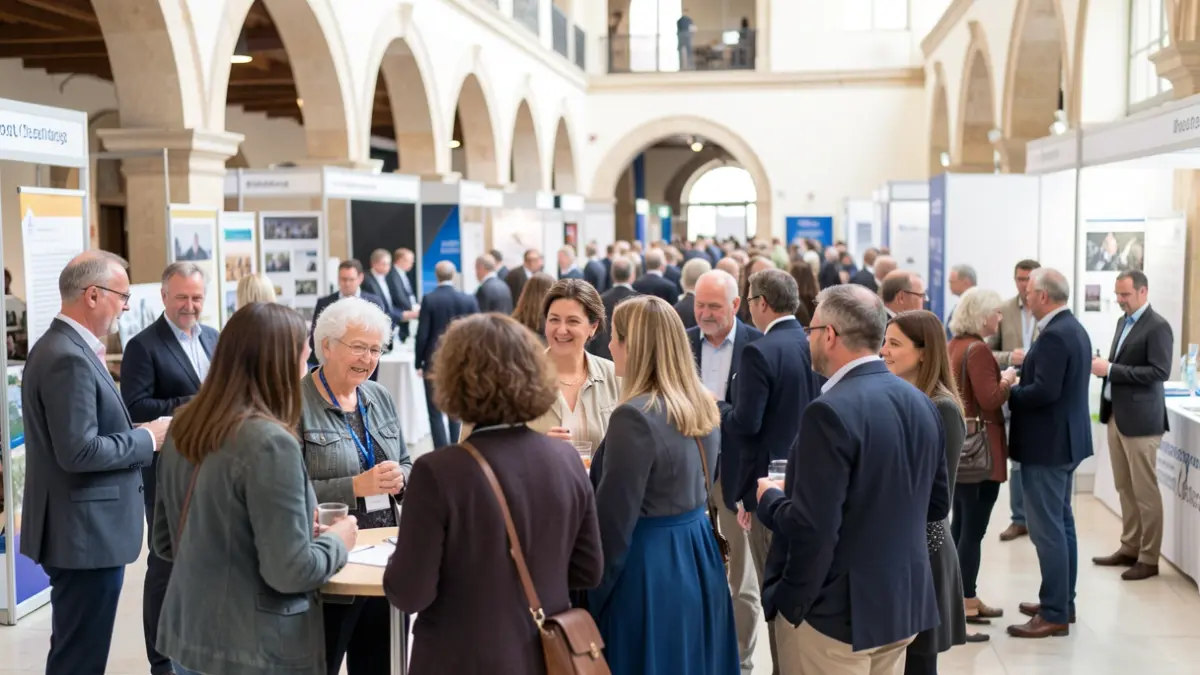 Generic image of an inclusive networking space with diverse people and informational booths.