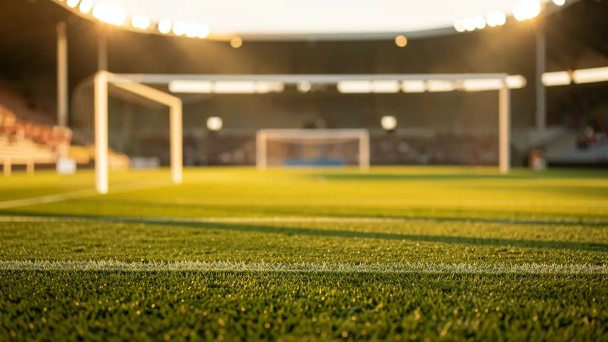 Imagen genérica de un campo de fútbol con porterías y césped verde, iluminado por la luz de la tarde.
