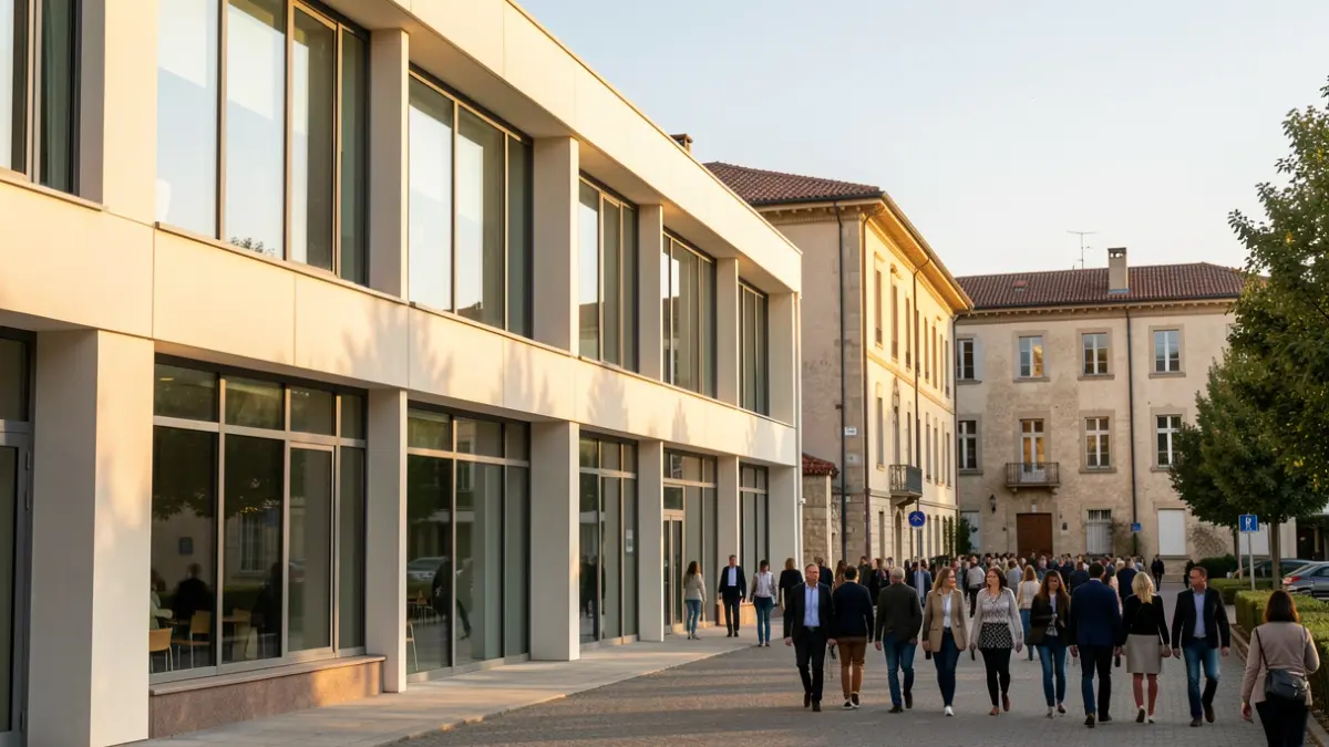 Imagen genérica de un edificio universitario moderno con detalles de arquitectura mediterránea.